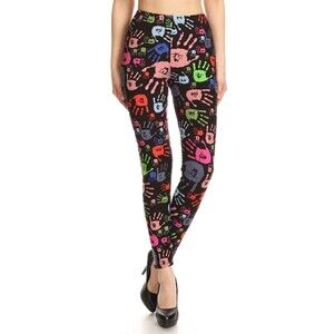 Plus Size Multi Hand Print Leggings, Skinny, Full Length, Elastic High Waist‎